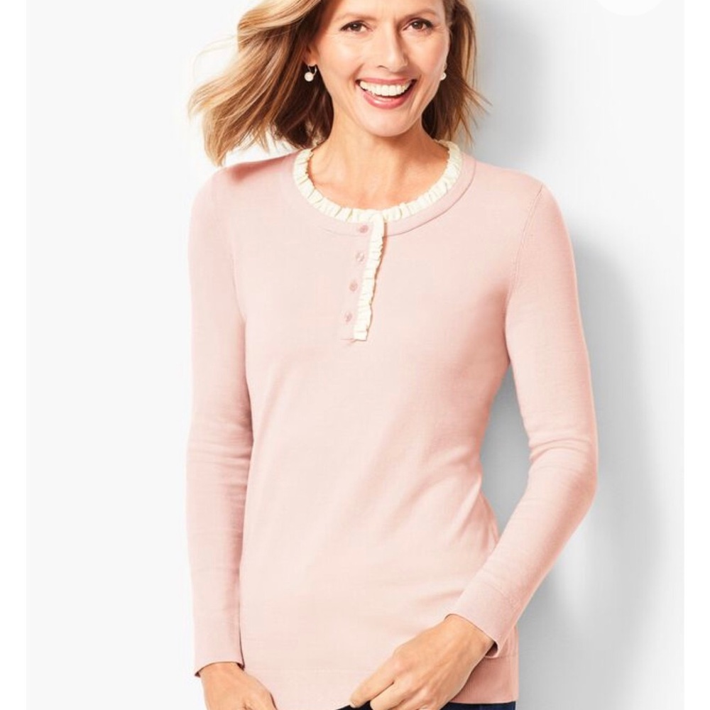 Talbots Pale Pink Ruffle-Trim Long Sleeve Knit Top size M - Picture 1 of 7